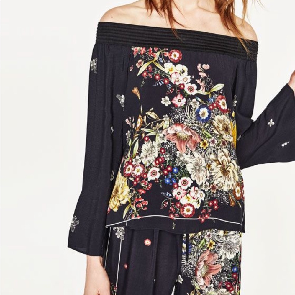 Zara Black Floral Off Shoulder Top
